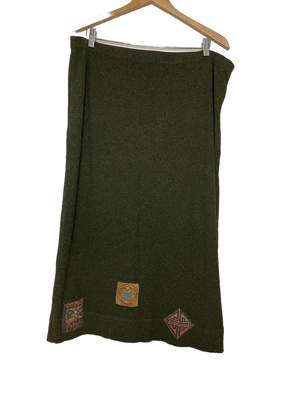 Blue Fish Women's Vintage Green Ribbed Celtic Patches Midi Skirt XL Cotton